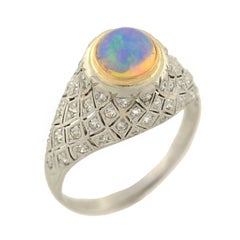 1910s Art Deco Opal Diamond Gold Platinum Domed Ring