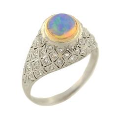 1910s Art Deco Opal Diamond Gold Platinum Domed Ring 2