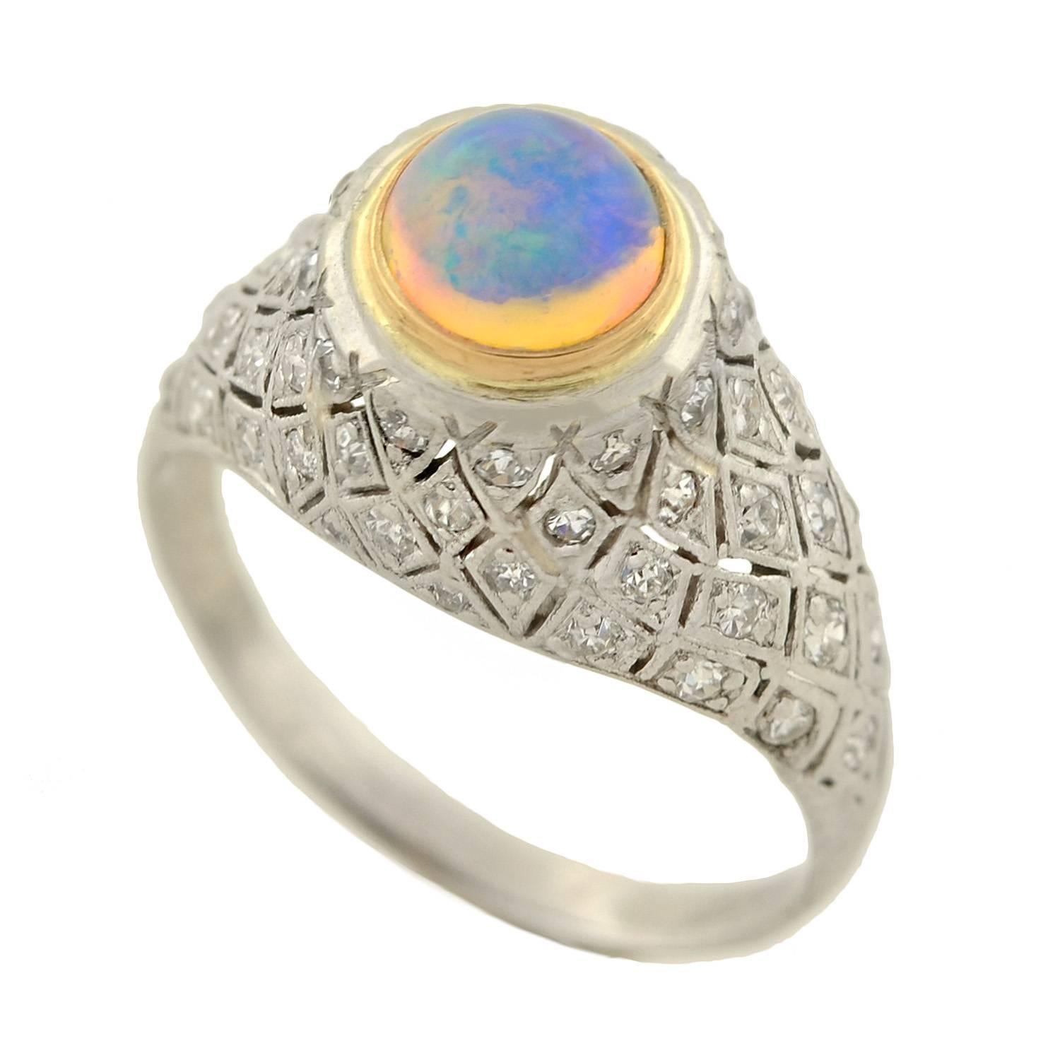 1910s Art Deco Opal Diamond Gold Platinum Domed Ring 1