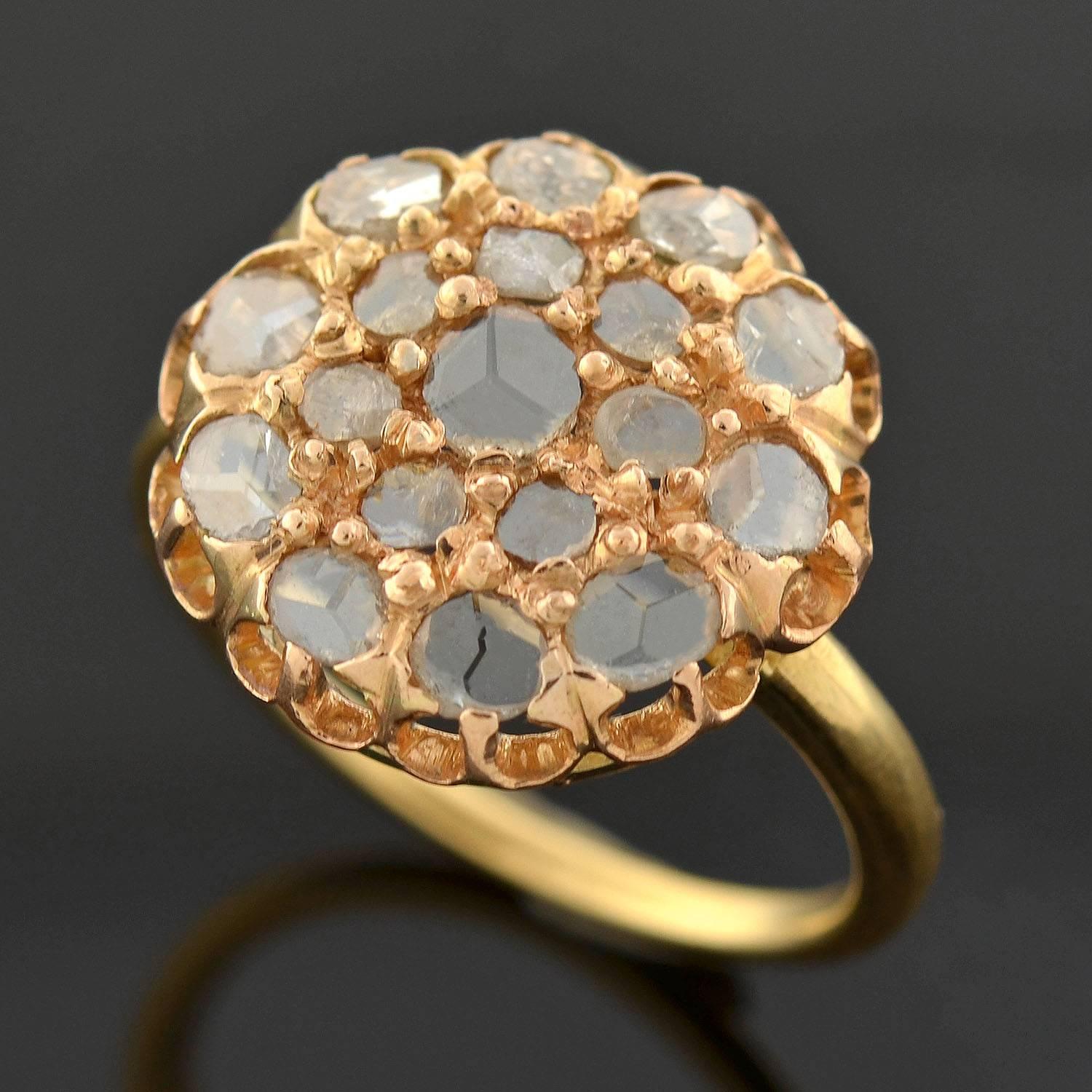Women's Victorian .80 Carats Rose Cut Diamonds Gold Cluster Ring  For Sale