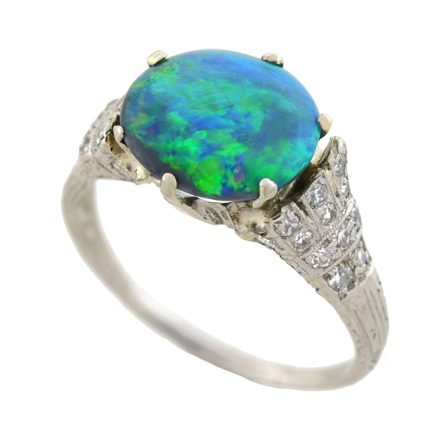 Art Deco Black Opal Diamond Platinum Ring 1