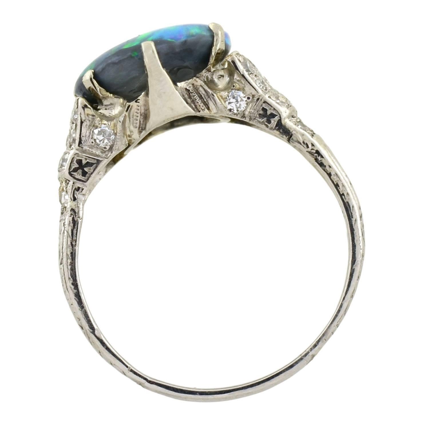 Women's or Men's Art Deco Black Opal Diamond Platinum Ring
