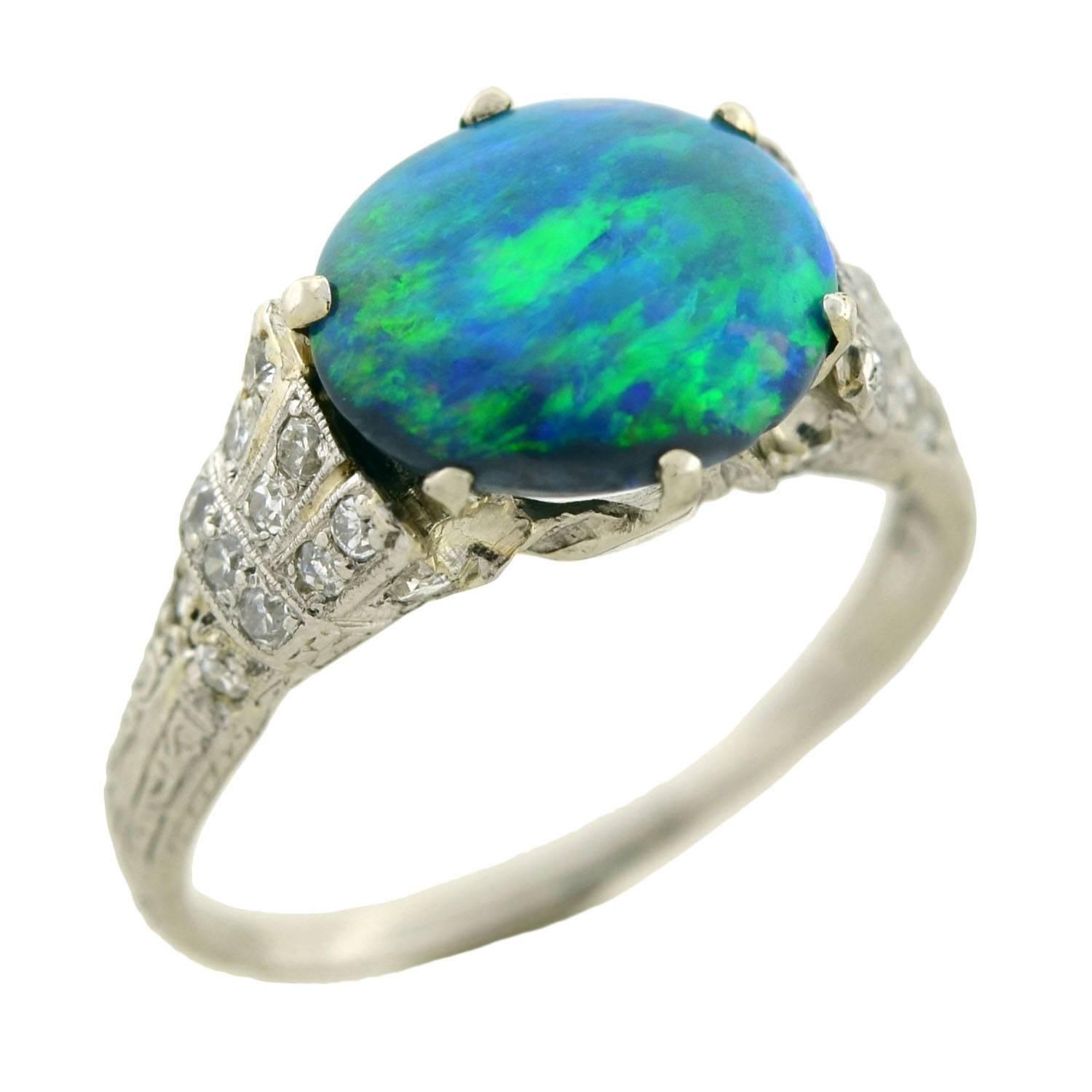 Art Deco Black Opal Diamond Platinum Ring