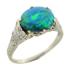 Art Deco Schwarzer Opal Diamant Platin Ring