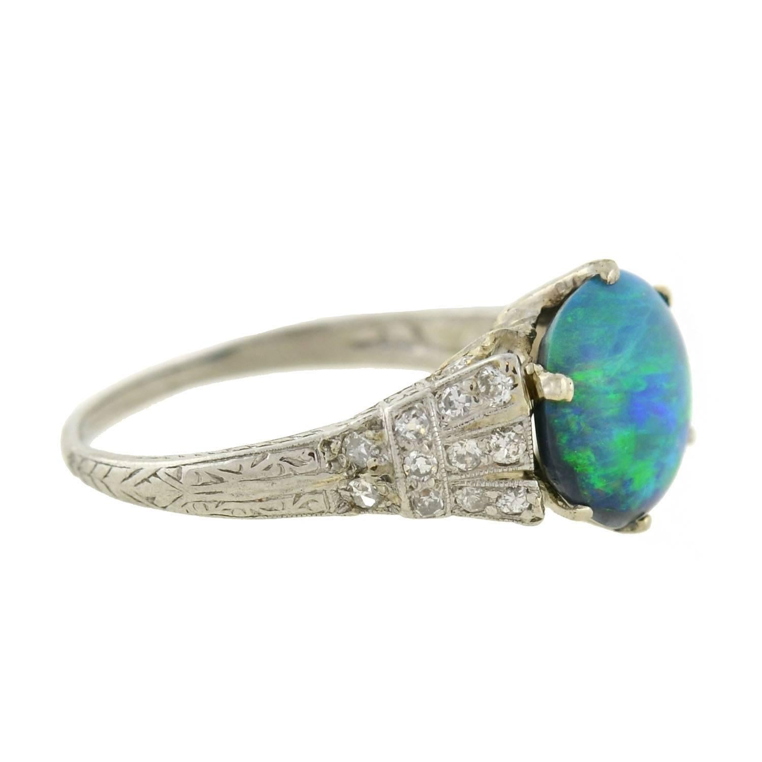 Art Deco Black Opal Diamond Platinum Ring In Excellent Condition In Narberth, PA