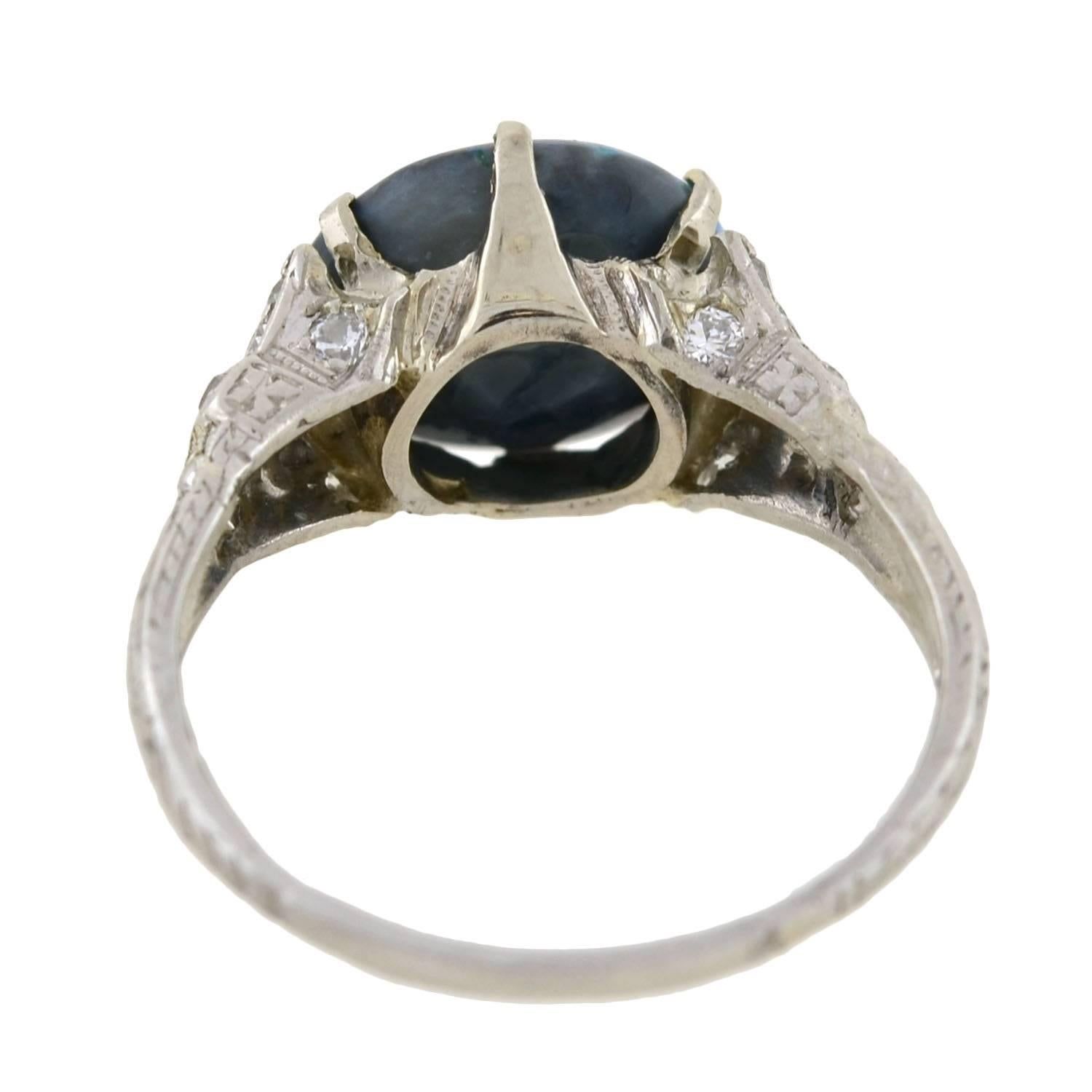Art Deco Black Opal Diamond Platinum Ring 2