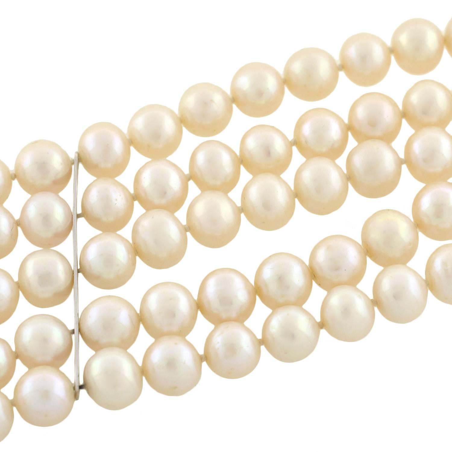 Contemporary Five Strand Cultured Pearl Diamond Bracelet Cuff
