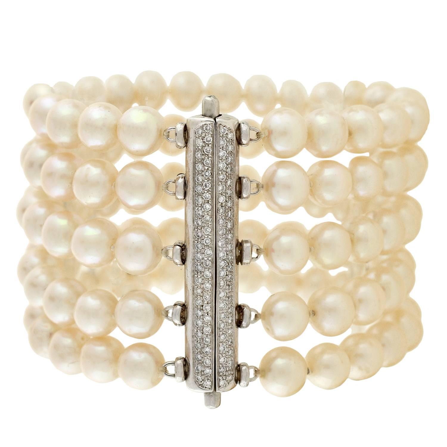 Five Strand Cultured Pearl Diamond Bracelet Cuff
