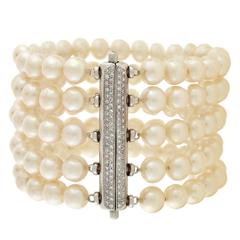 Five Strand Cultured Pearl Diamond Bracelet Cuff 10