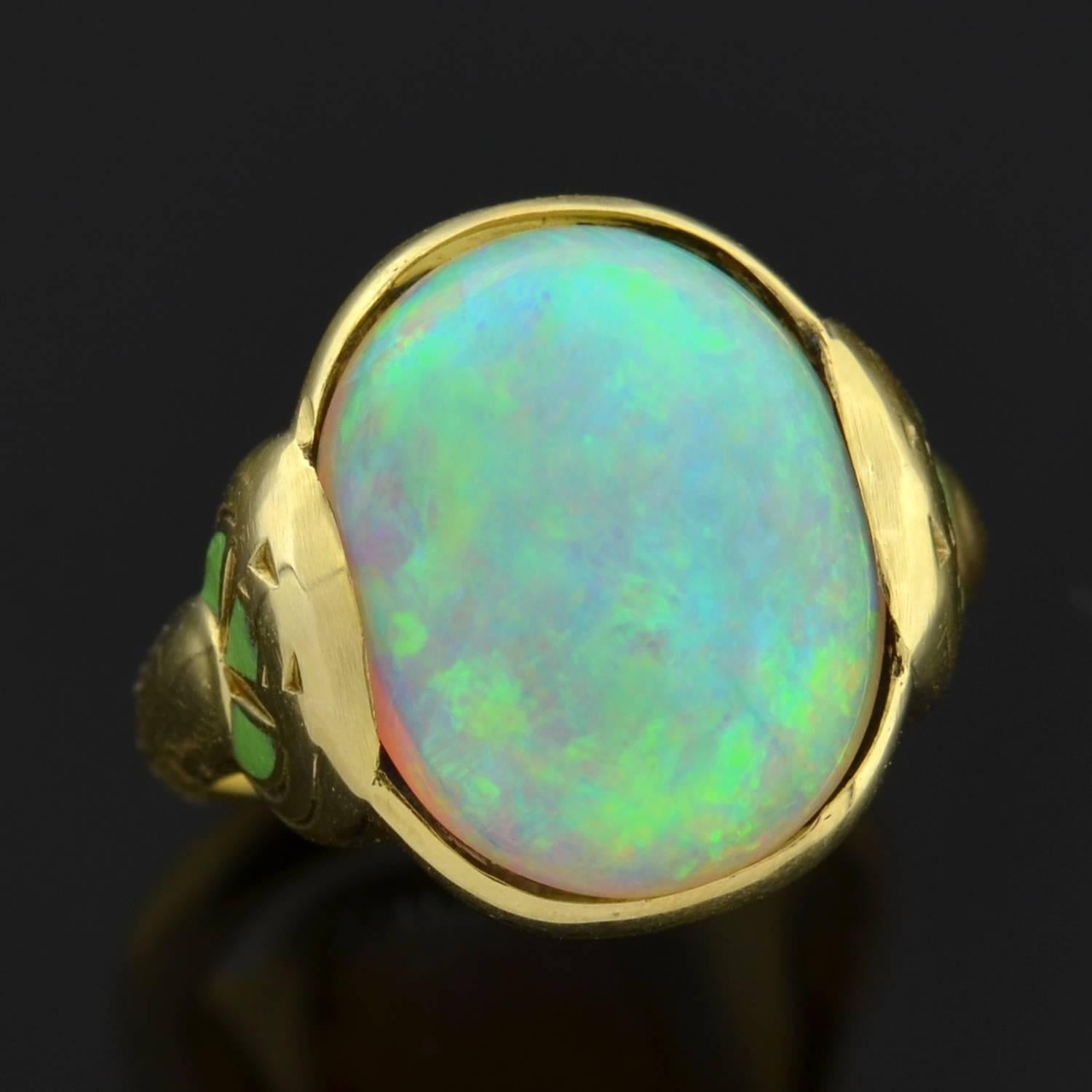 Women's Larter & Sons Art Nouveau Enameled Opal Gold Ring