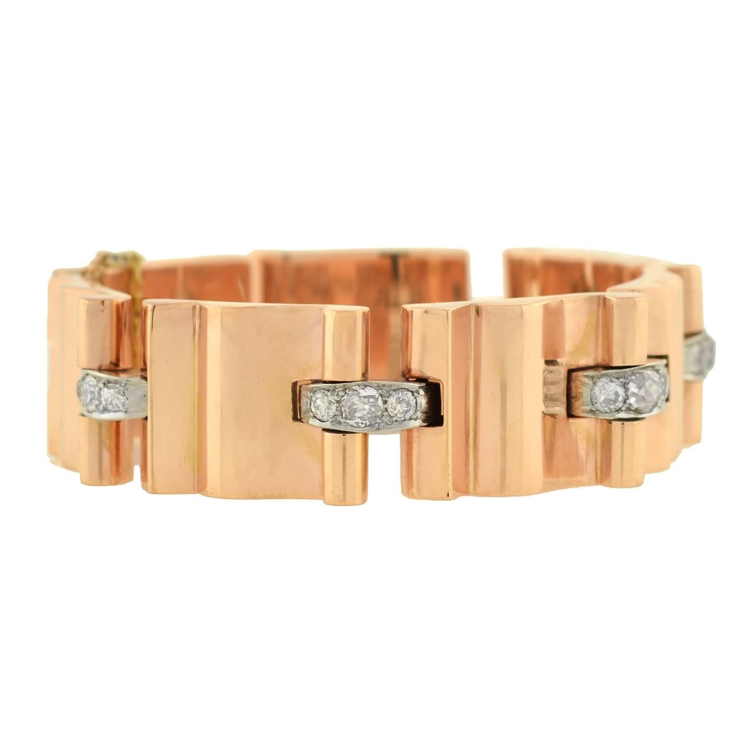 Retro Diamond Accented Heavy Link Gold Bracelet For Sale