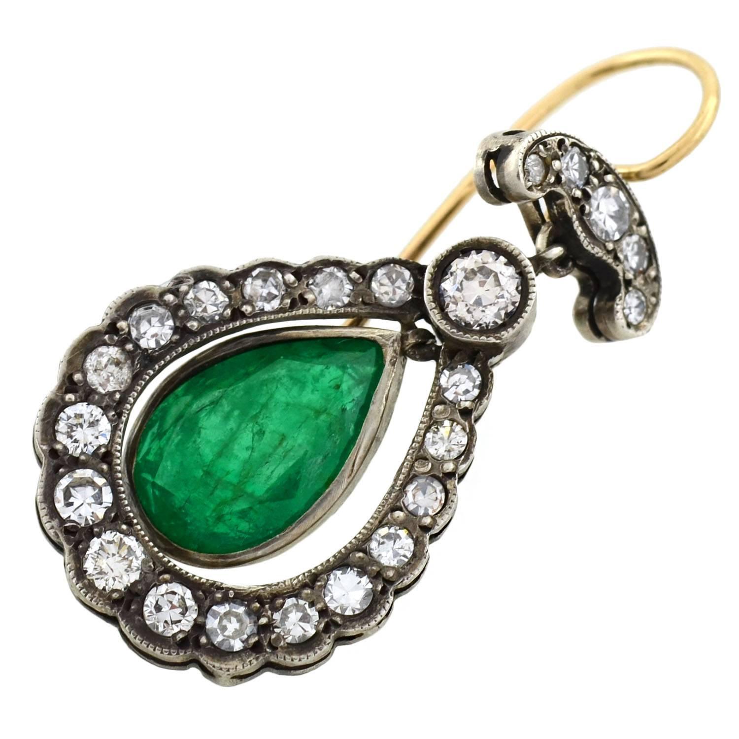 Women's Edwardian Emerald Diamond Silver Gold Teardrop Earrings