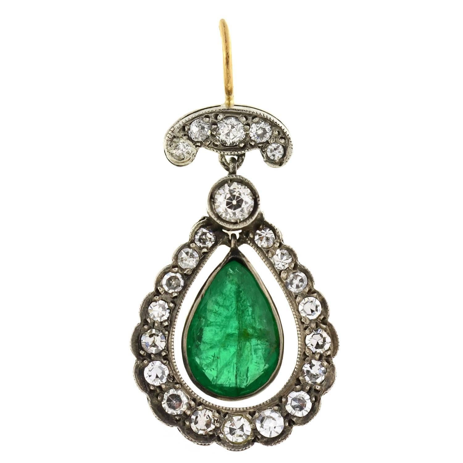 Edwardian Emerald Diamond Silver Gold Teardrop Earrings In Excellent Condition In Narberth, PA