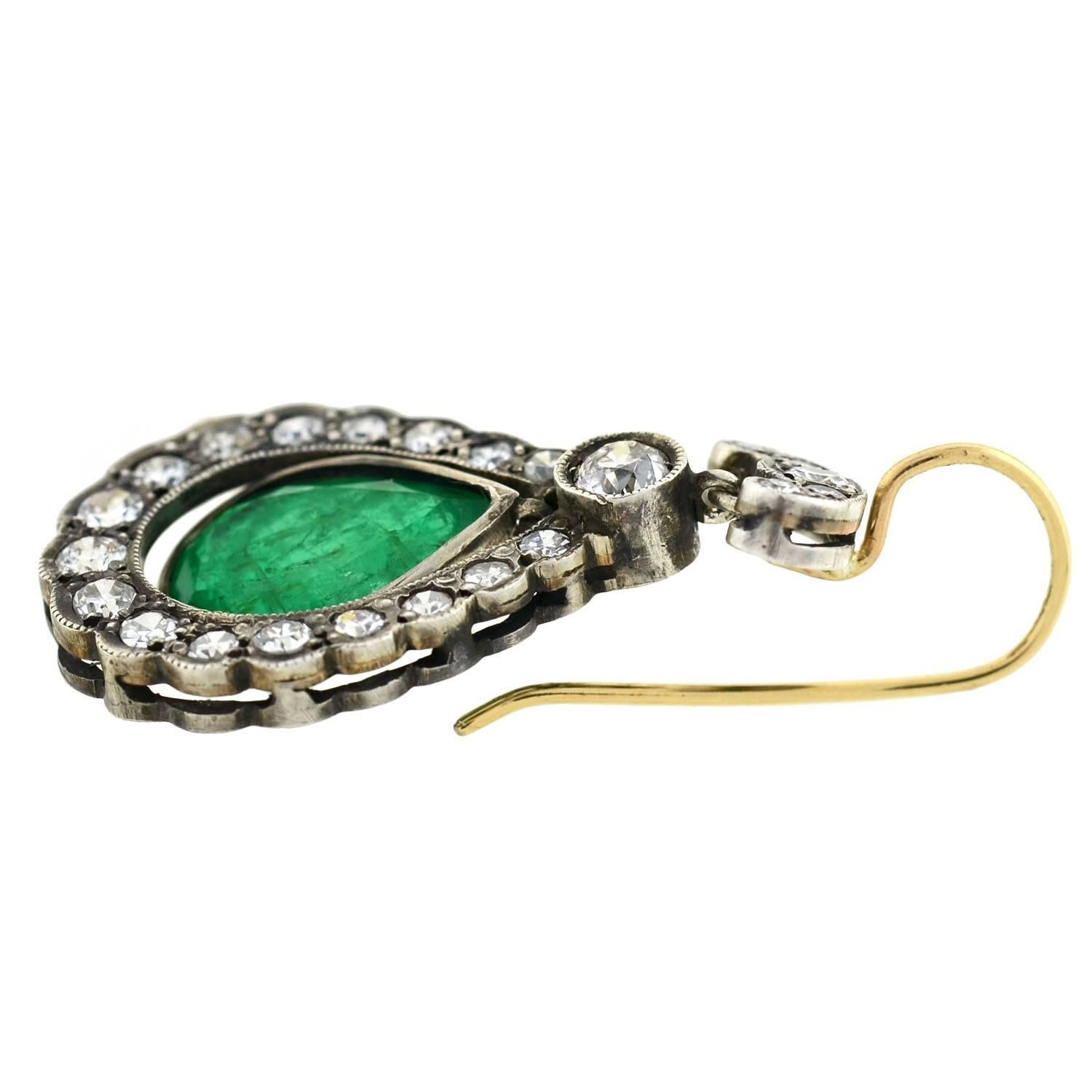 Edwardian Emerald Diamond Silver Gold Teardrop Earrings 1