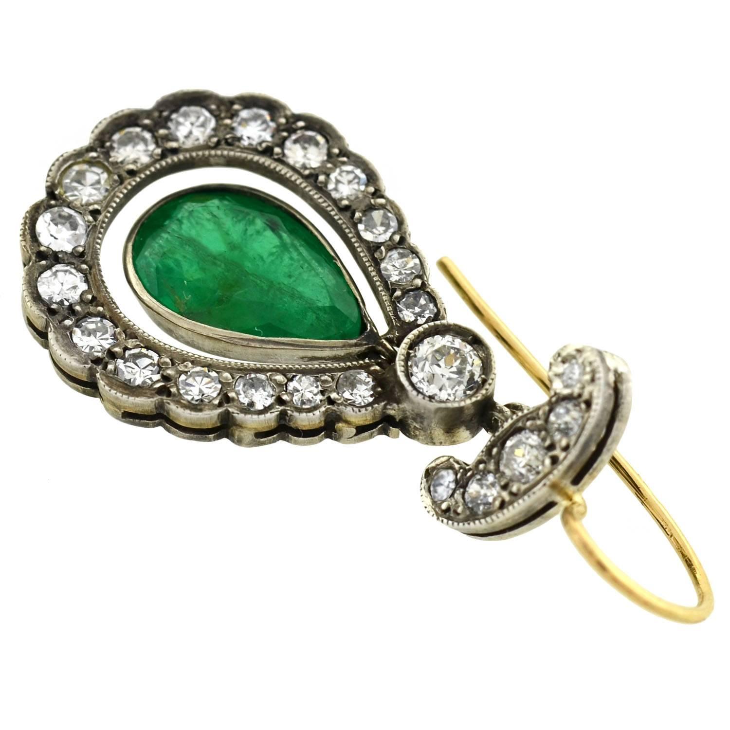 Edwardian Emerald Diamond Silver Gold Teardrop Earrings 2