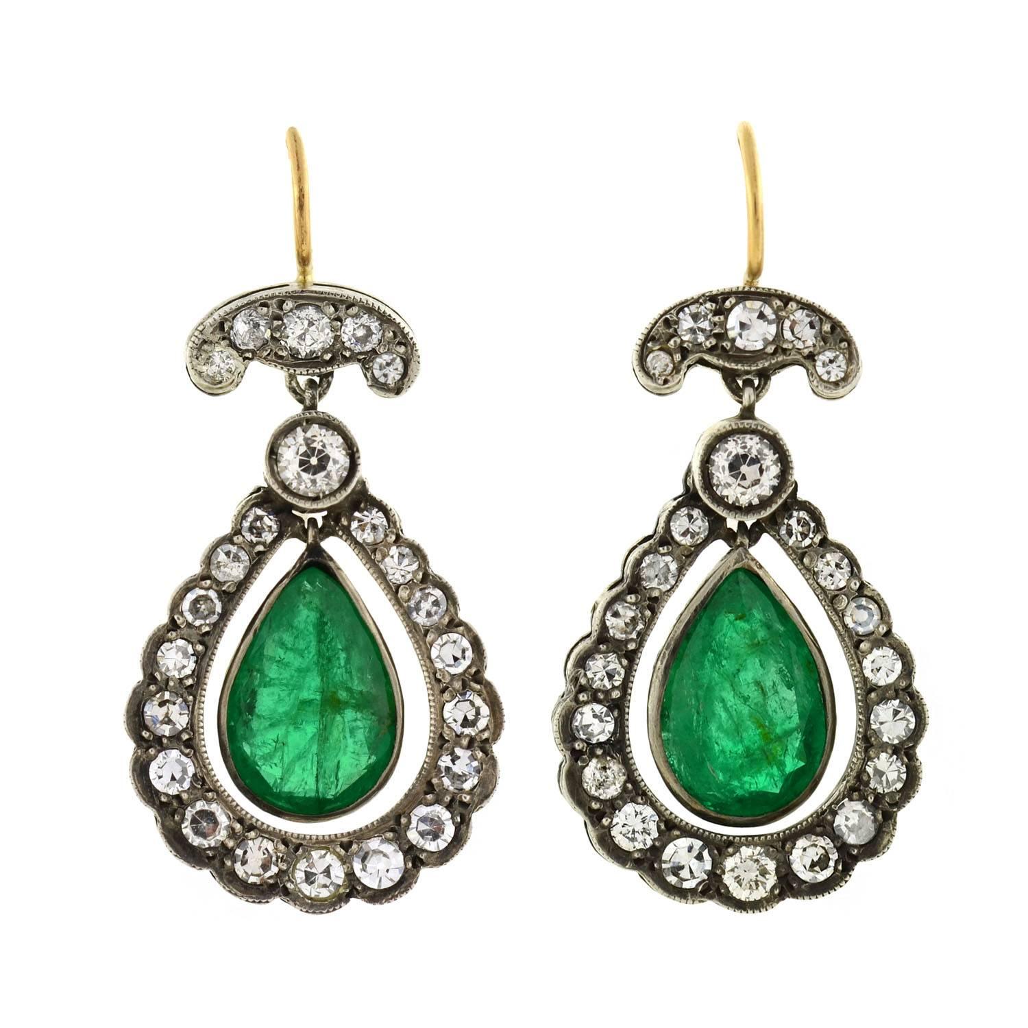 Edwardian Emerald Diamond Silver Gold Teardrop Earrings