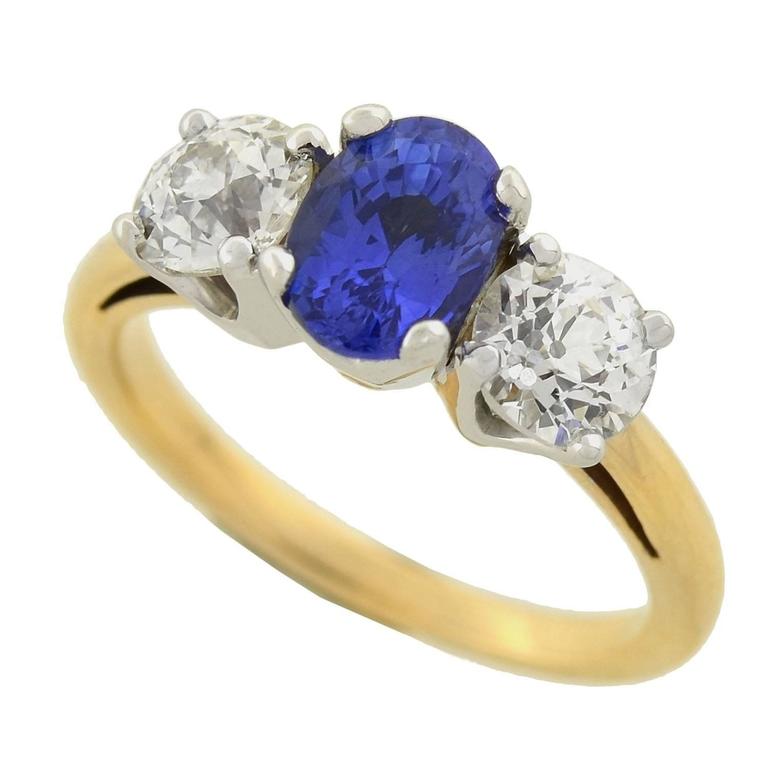 Art Deco Mixed Metals Sapphire Diamond 3-Stone Ring at 1stDibs | 3 ...