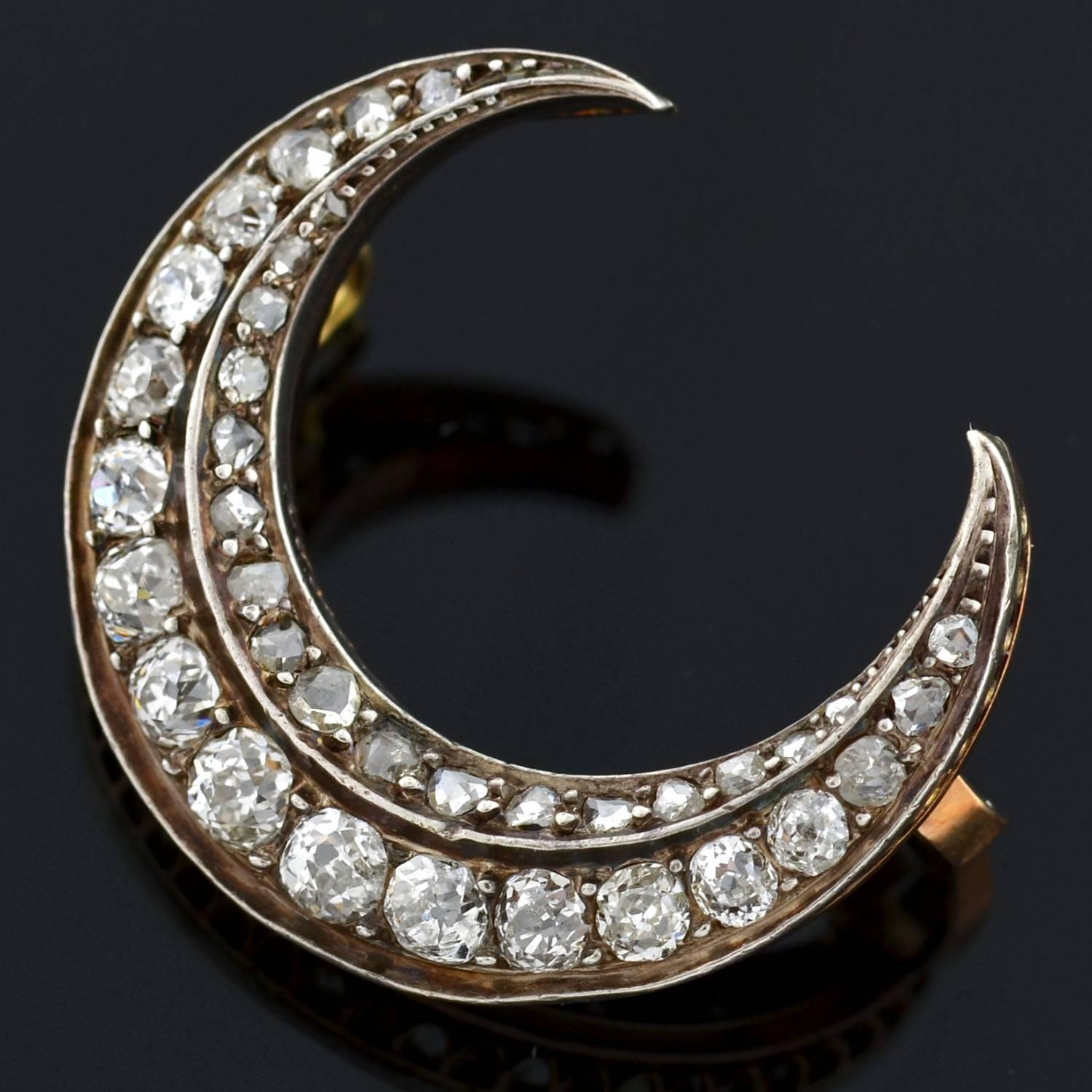 Victorian French 1.50 Carats Diamonds Crescent Pin and Pendant  In Excellent Condition In Narberth, PA