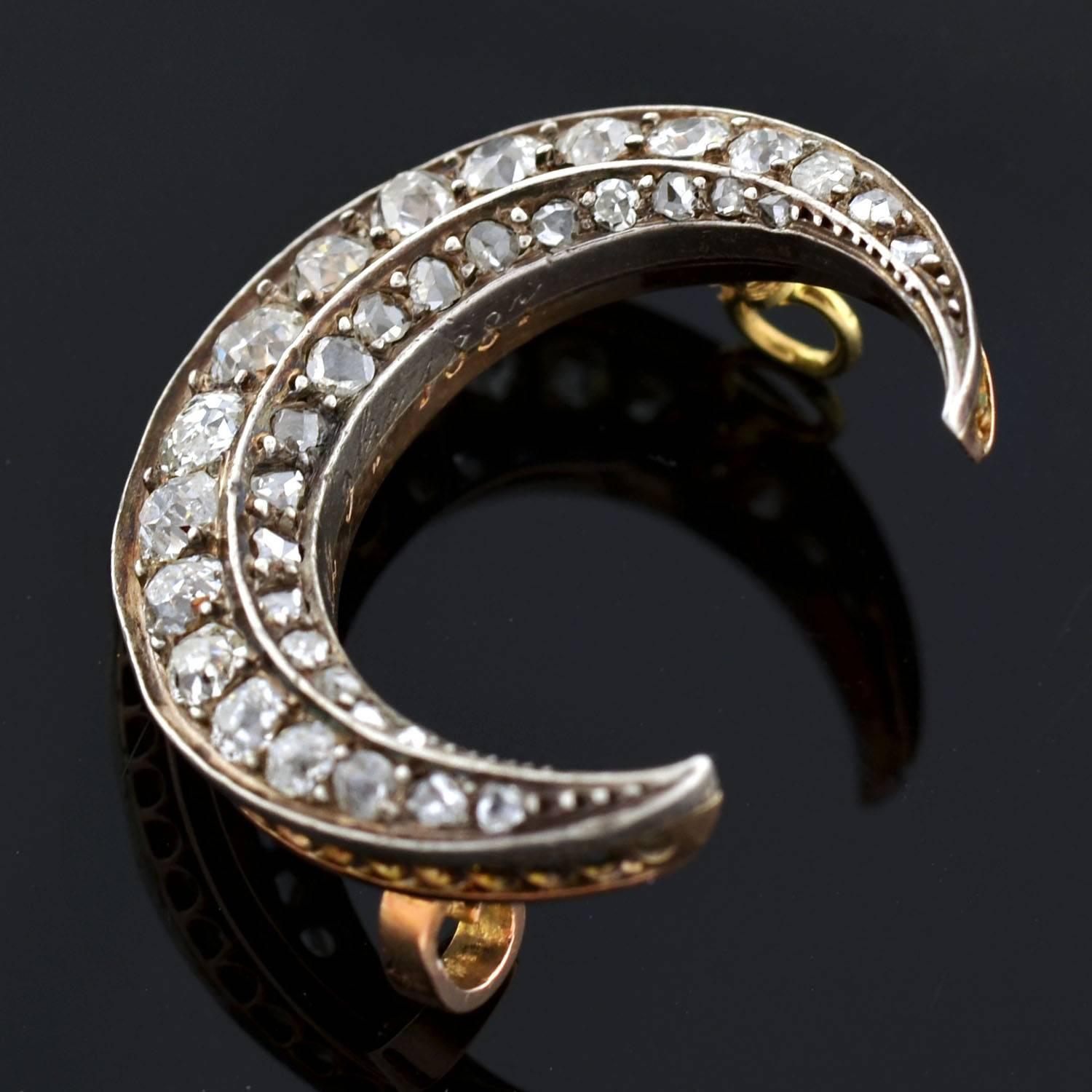 Victorian French 1.50 Carats Diamonds Crescent Pin and Pendant  1