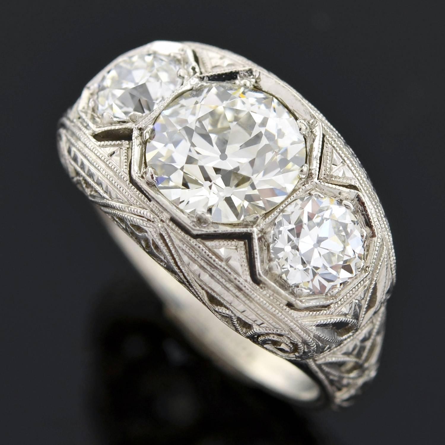 Old European Cut Art Deco 3-Stone 2.55 Carats Diamonds Platinum Filigree Ring 