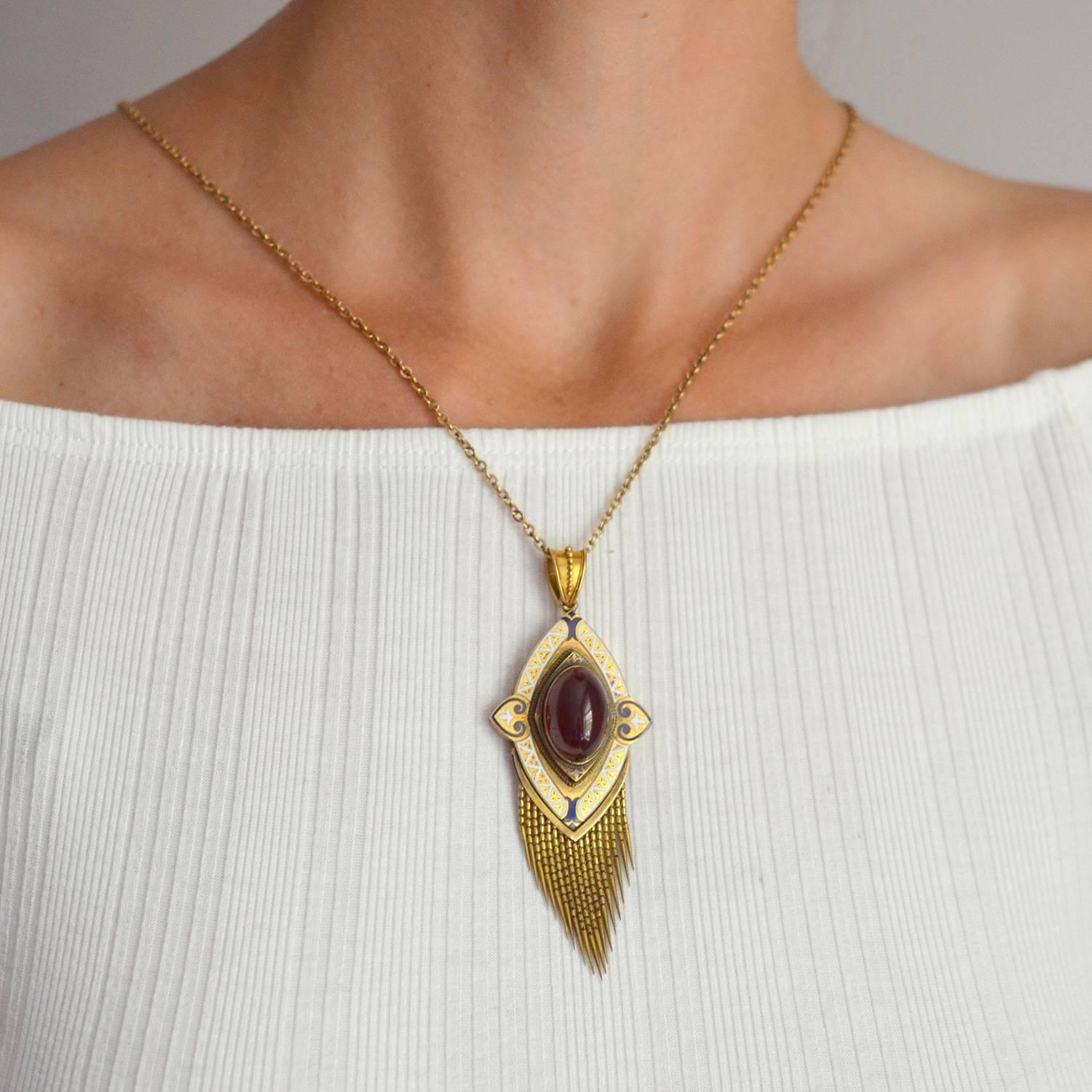 Victorian Garnet and Enamel Foxtail Fringe Pendant In Good Condition For Sale In Narberth, PA