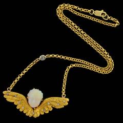 Victorian Hand Carved Opal Diamond Gold Winged Cherub Necklace