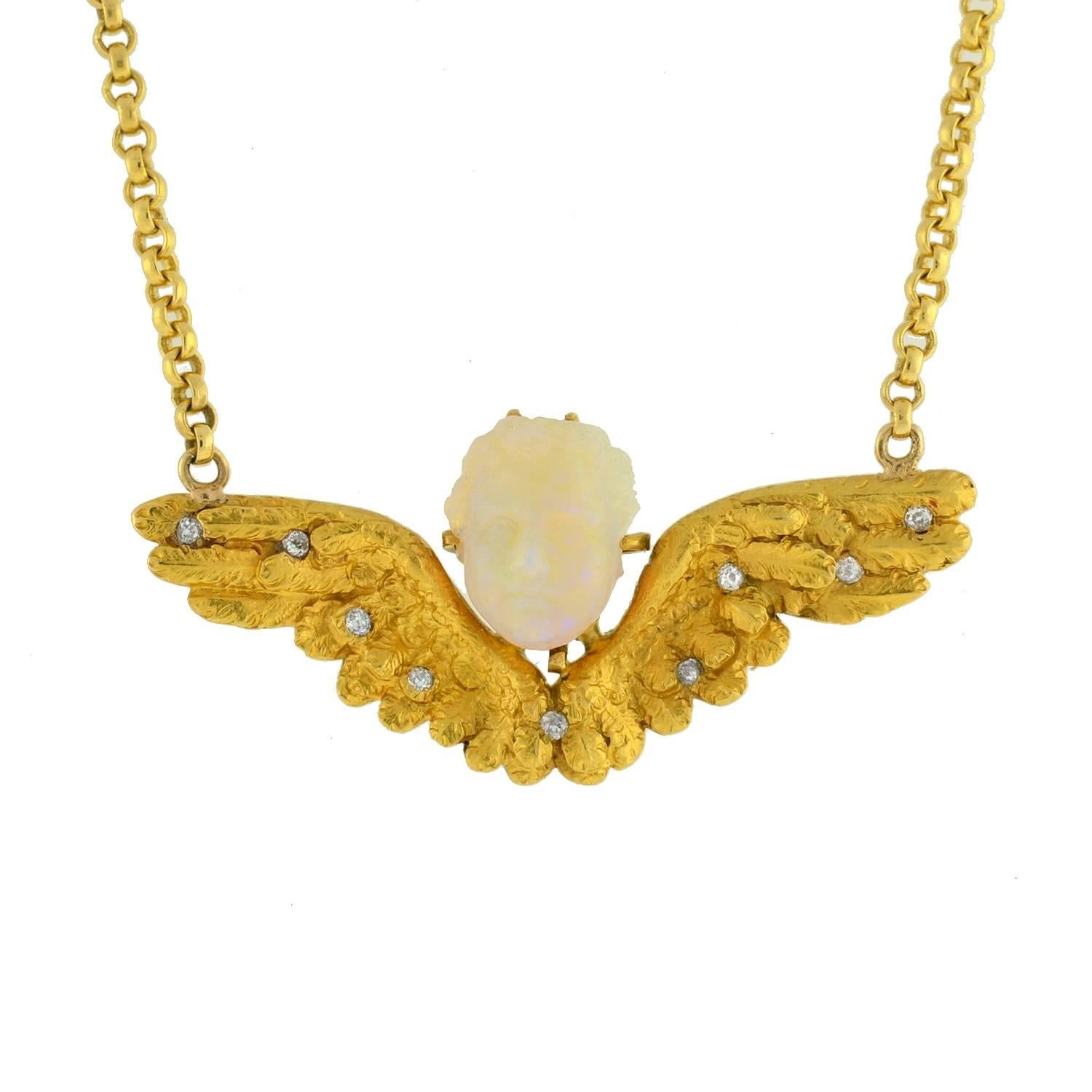 Victorian Hand Carved Opal Diamond Gold Winged Cherub Necklace