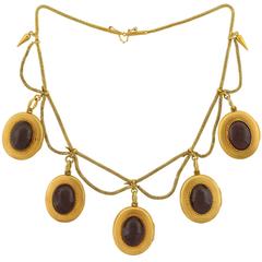 J.W. Benson Early Victorian Garnet Gold Locket Festoon Necklace