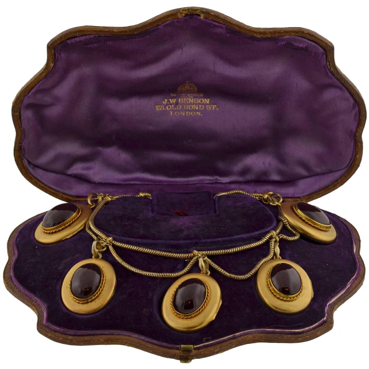 J.W. Benson Early Victorian Garnet Gold Locket Festoon Necklace 3