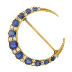 Victorian Sapphire Diamond Gold Crescent Pin 7