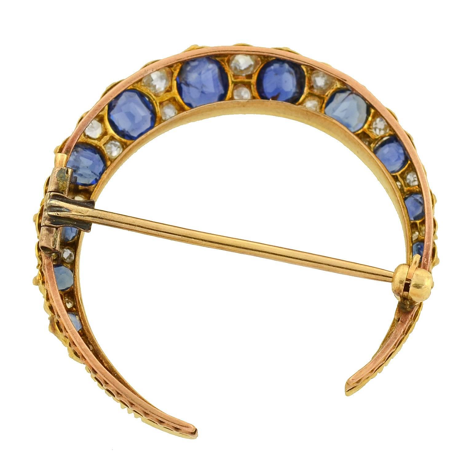 Women's Victorian Sapphire Diamond Gold Crescent Pin