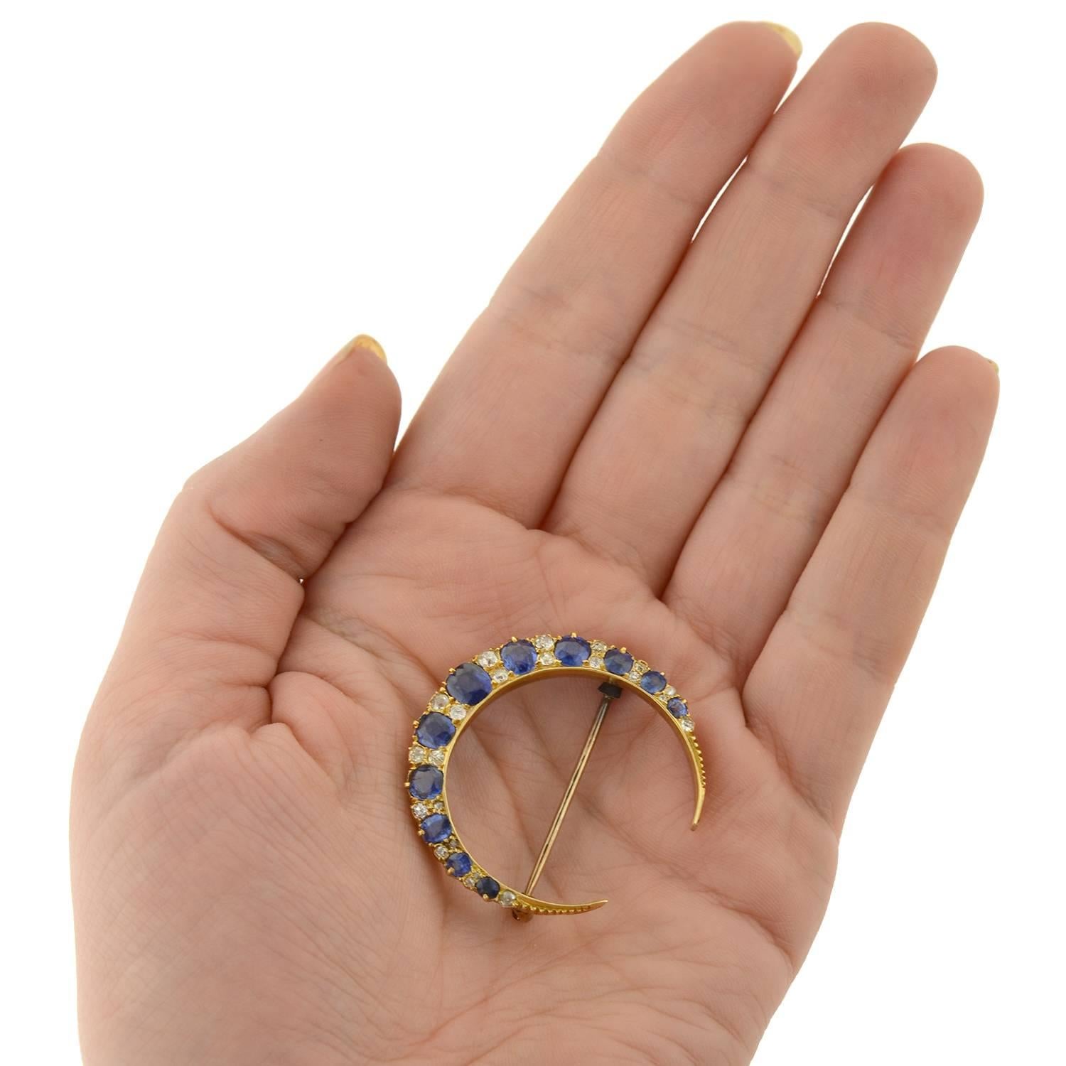 Victorian Sapphire Diamond Gold Crescent Pin 1