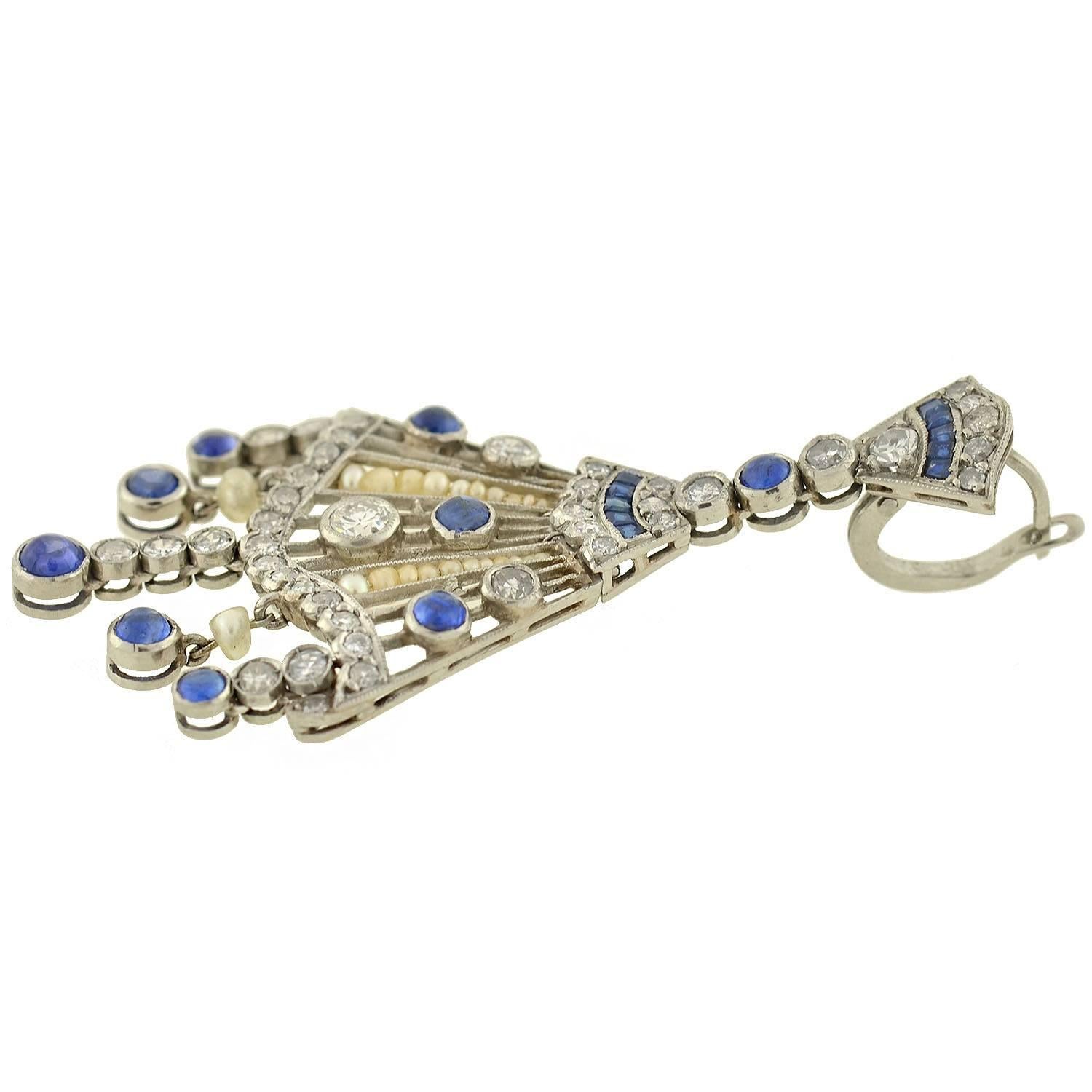 Contemporary Pearl Sapphire Diamond Chandelier Earrings 1