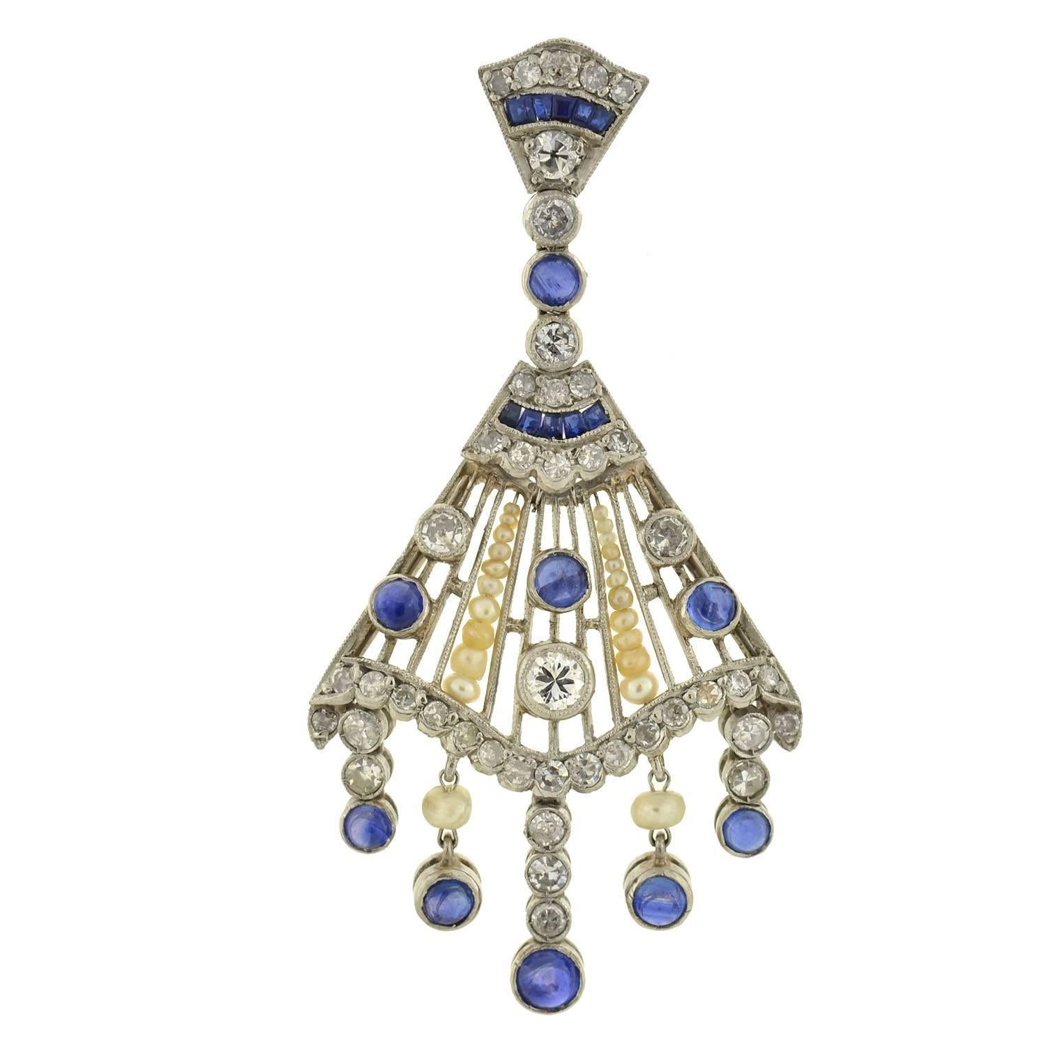 Contemporary Pearl Sapphire Diamond Chandelier Earrings In Excellent Condition In Narberth, PA