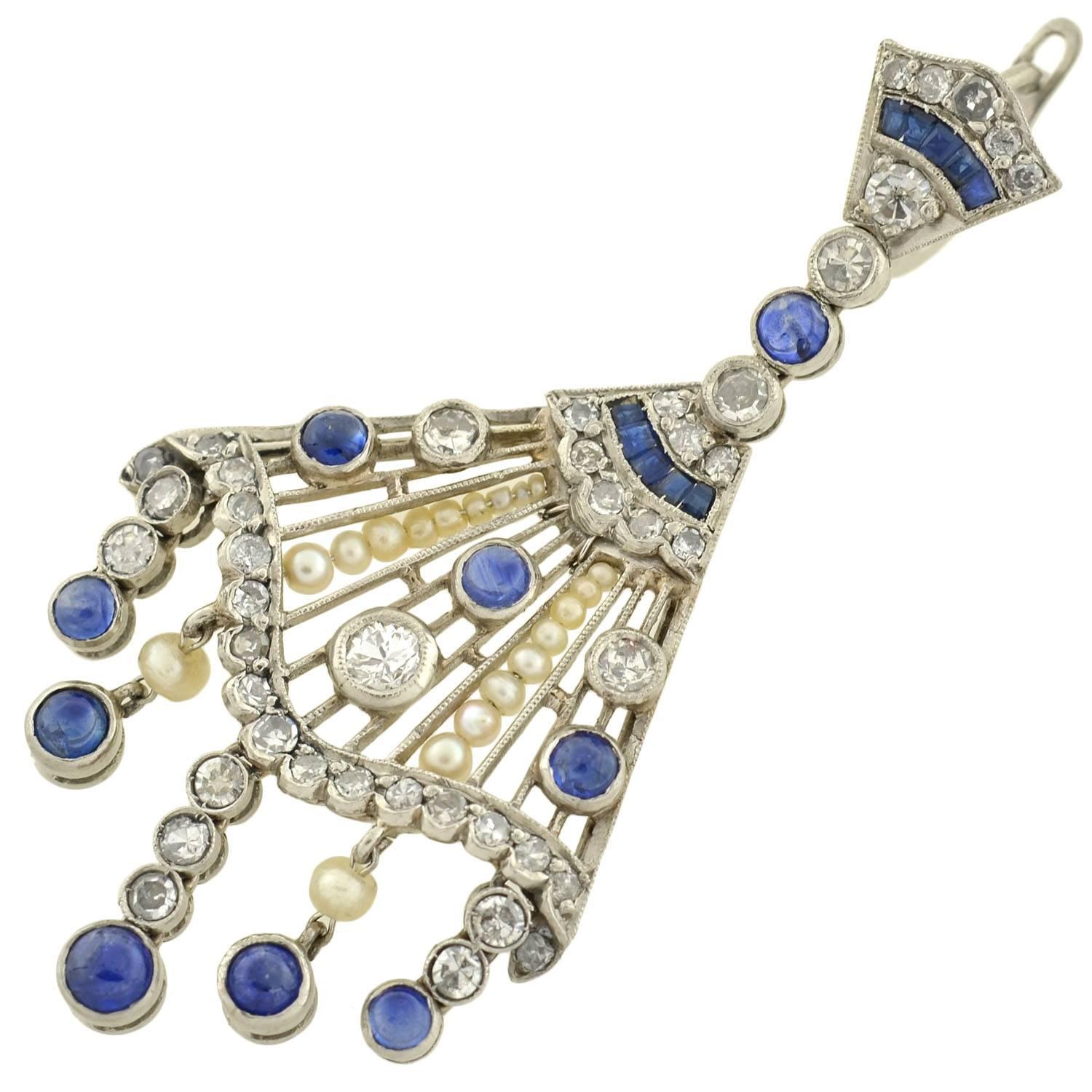 Women's Contemporary Pearl Sapphire Diamond Chandelier Earrings