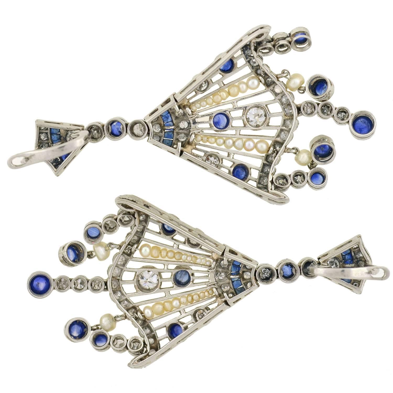 Contemporary Pearl Sapphire Diamond Chandelier Earrings 3