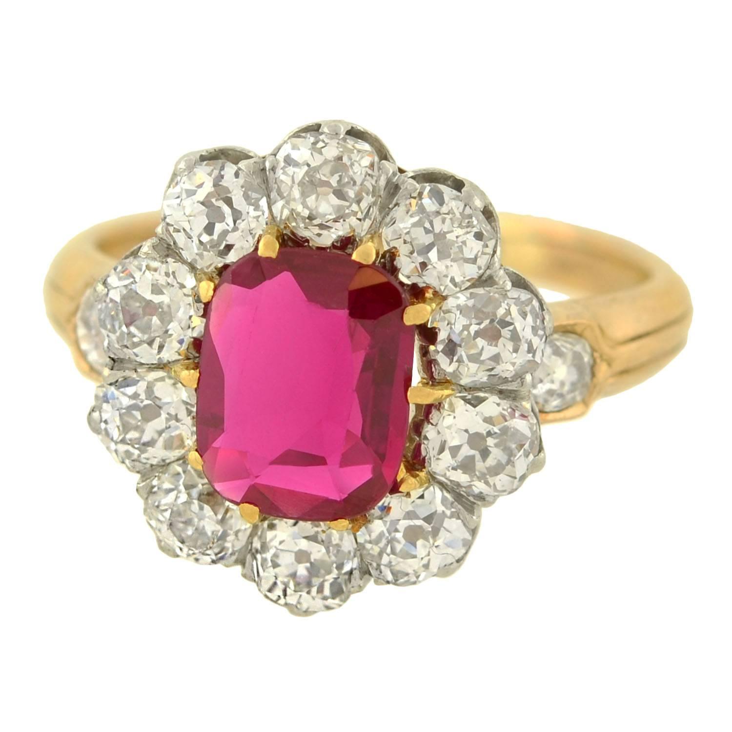 Edwardian 1.20 Carat Natural Untreated Burma Ruby Diamond Ring In Good Condition In Narberth, PA