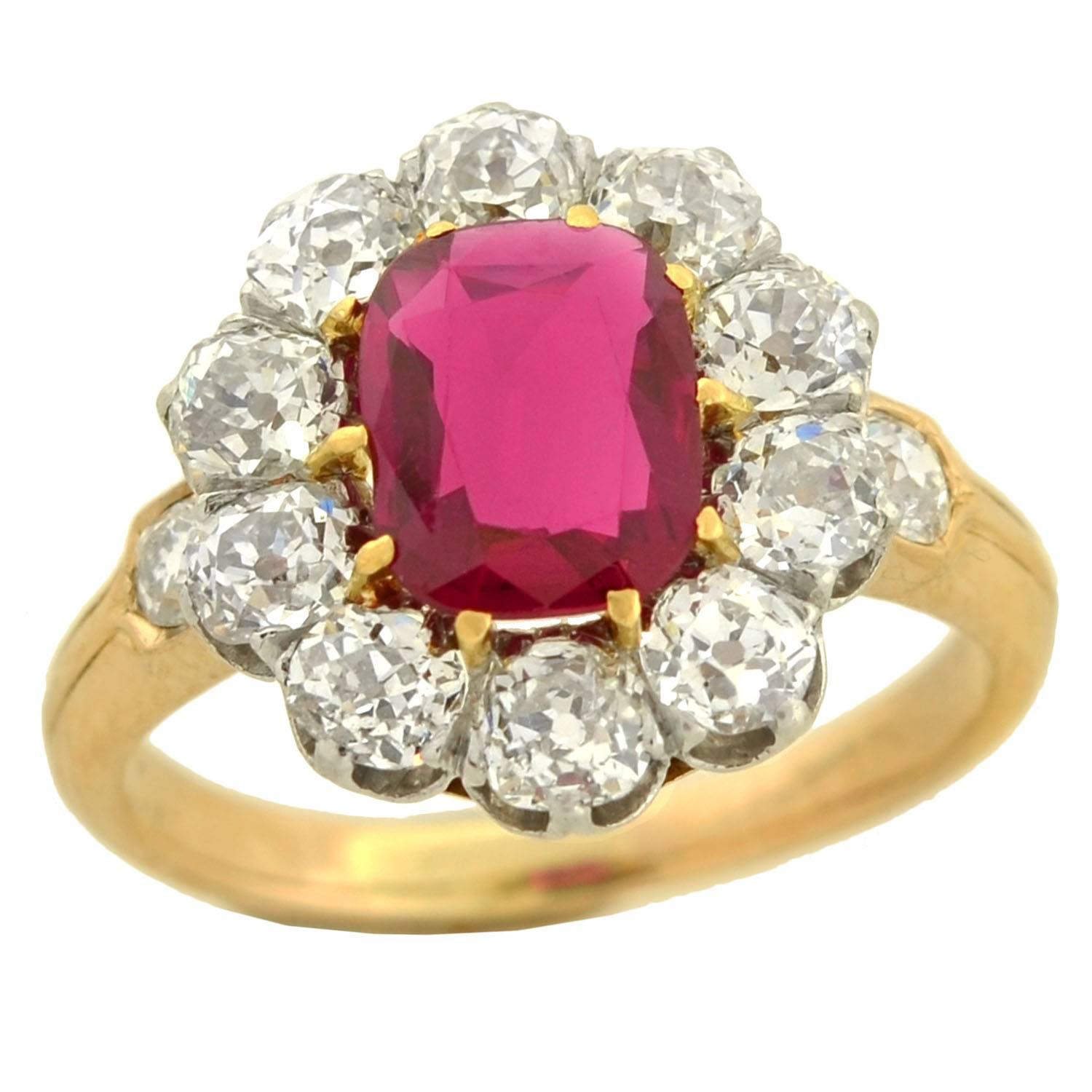 Edwardian 1.20 Carat Natural Untreated Burma Ruby Diamond Ring 1
