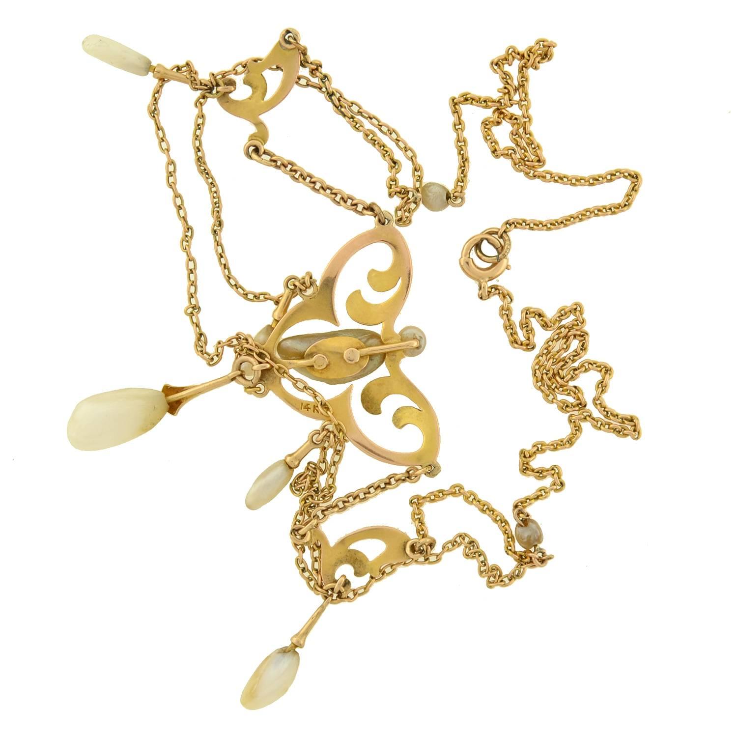 Krementz Jugendstil-Halskette mit Feston aus Gelbgold mit natürlichen Perlen im Zustand „Gut“ im Angebot in Narberth, PA