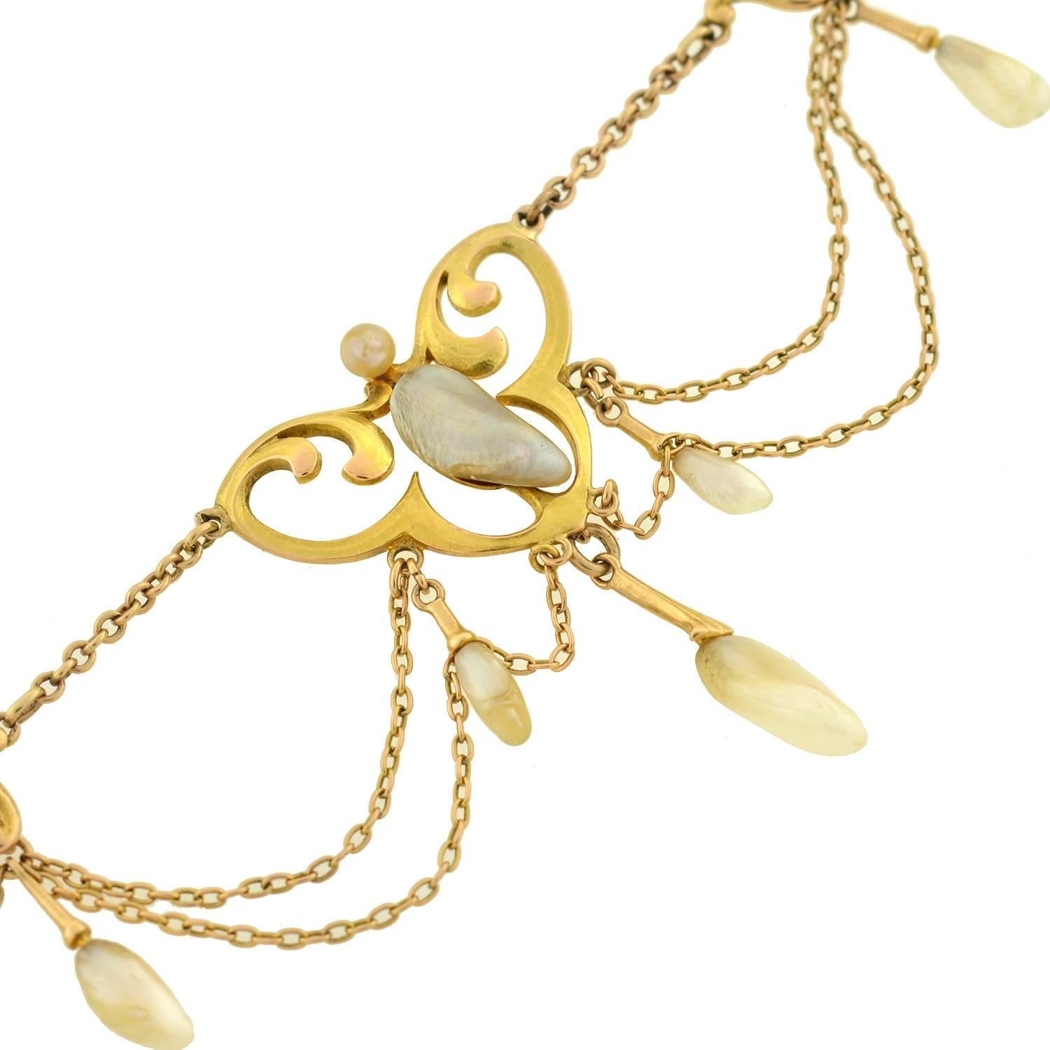 Art nouveau Krementz Collier feston Art Nouveau en or jaune avec perles naturelles en vente
