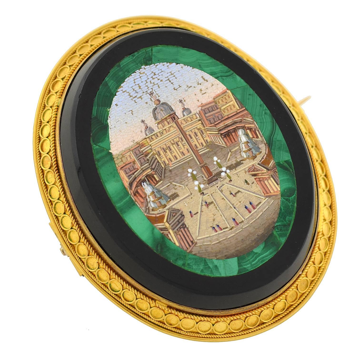 A magnificent micro mosaic pin and pendant from the Victorian (ca1880) era! This spectacular piece is quite substantial in size and equally impressive in design. Featured at the center is an intricately detailed image created entirely with micro