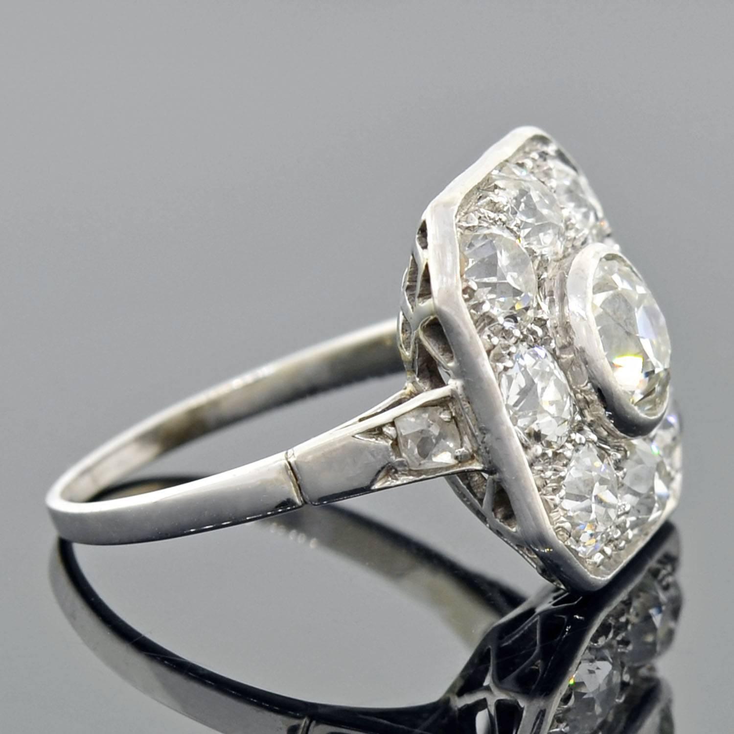Edwardian Mine Cut Diamond Cluster Ring 3ctw In Excellent Condition In Narberth, PA