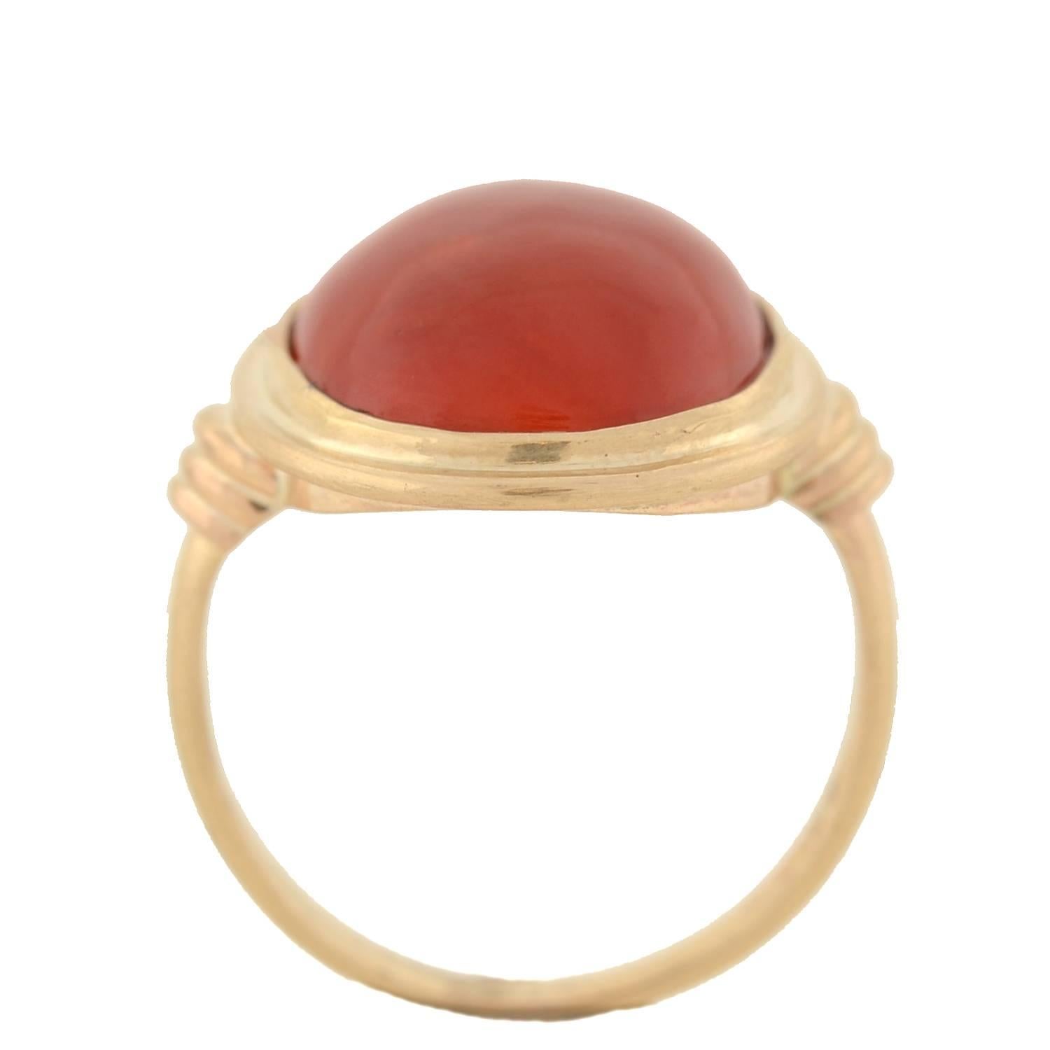 Women's or Men's Early Retro Cabochon Oxblood Coral Gold Ring