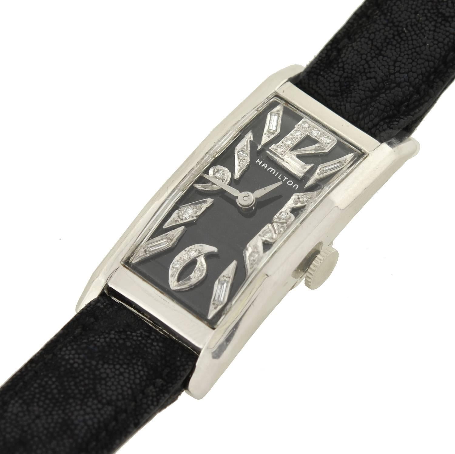 HAMILTON Art Deco Platinum Diamond Watch with Box In Excellent Condition In Narberth, PA