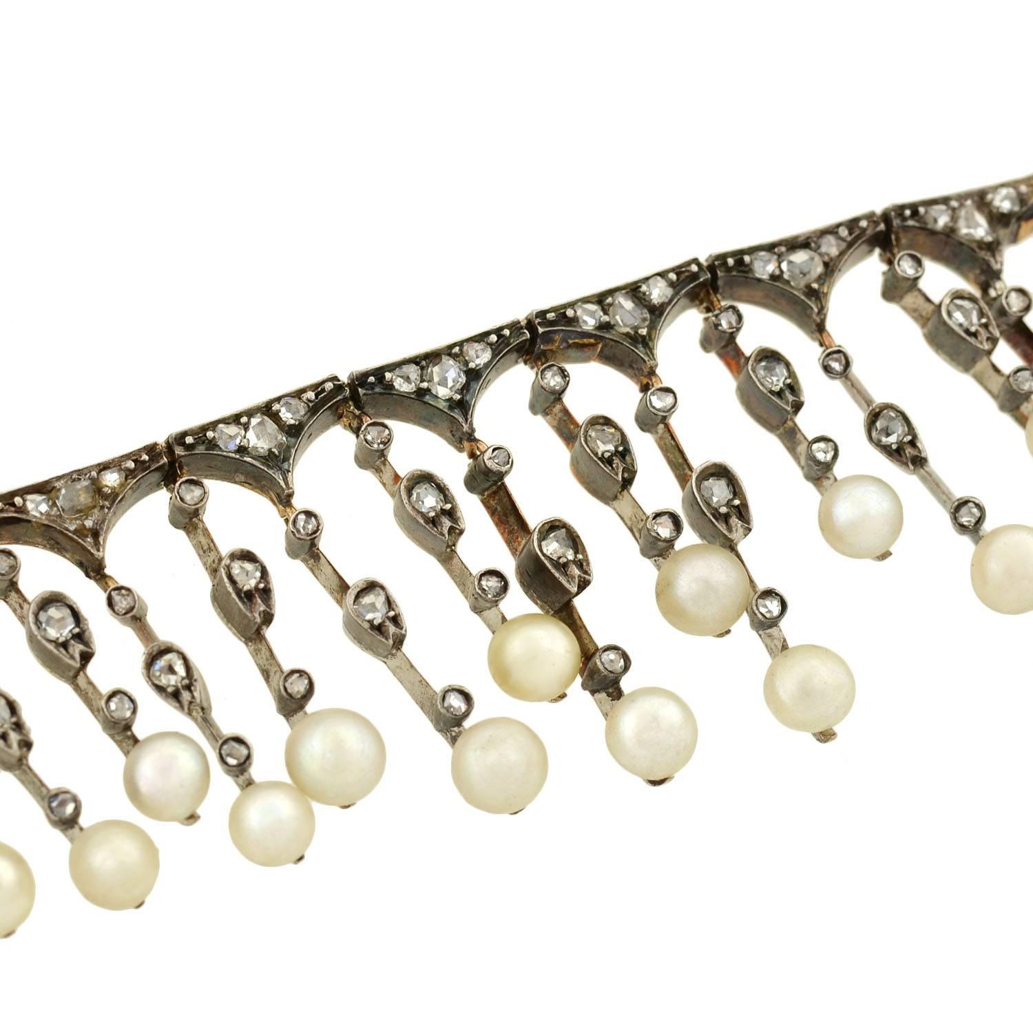 Women's Victorian Rose Cut Diamond Natural Pearl Festoon Necklace