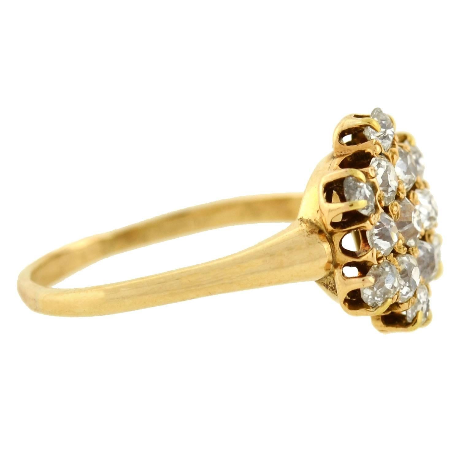 A beautiful diamond cluster ring from the Victorian (ca1880) era! This charming ring is crafted in 14kt yellow gold and has a lovely and feminine design. Resting at the center is a cluster of delicate mine cut diamonds, which rest in a shared prong