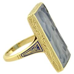 1920s Art Deco Hand Carved Roman Soldier Cameo Chalcedony Gold Ring