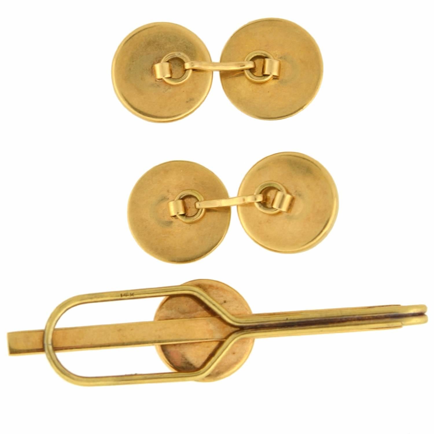 Antikes viktorianisches Essex Kristall Gold Shorthorn Stier Manschettenknöpfe Krawatte Clip Set im Angebot 4