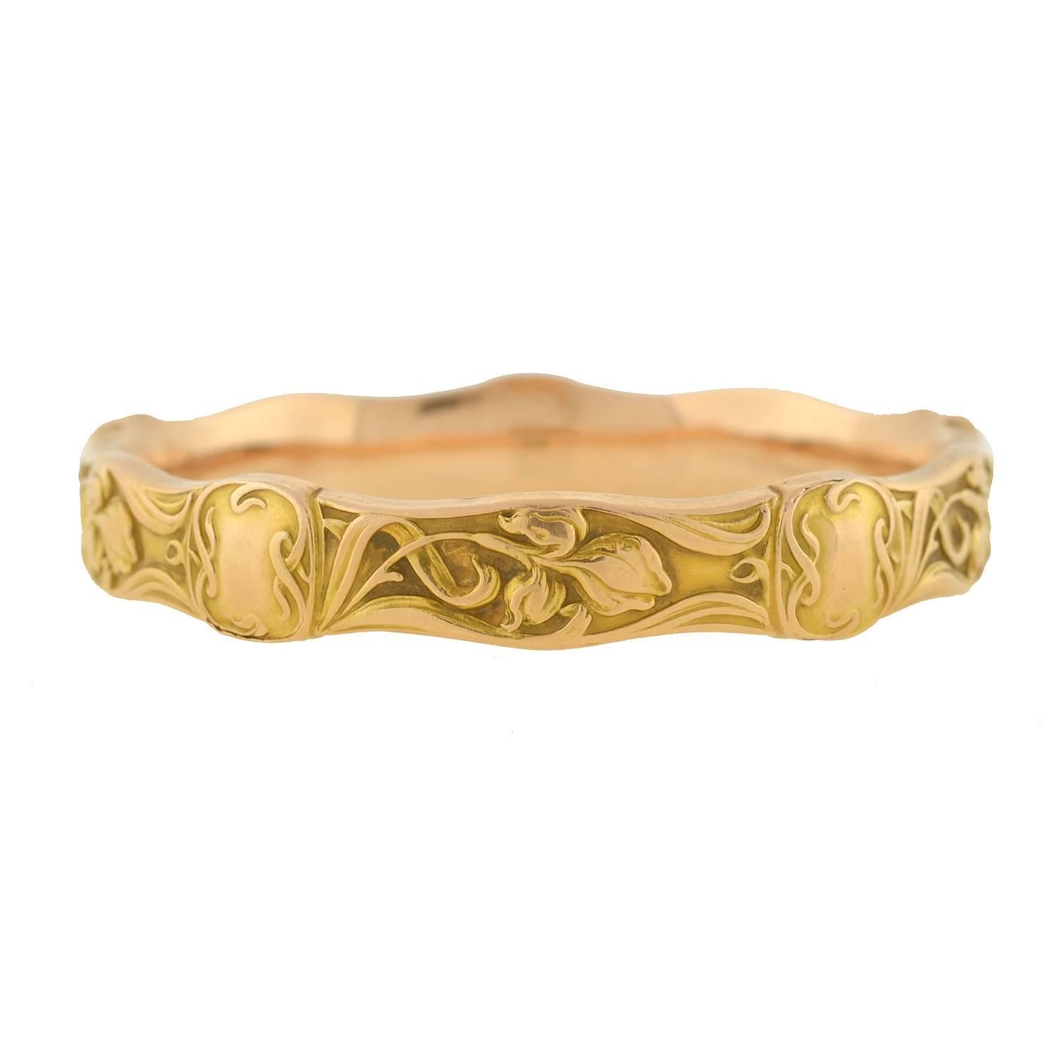 Riker Brothers Art Nouveau Iris Motif Gold Repousse Bangle Bracelet