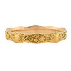 Antique Riker Brothers Art Nouveau Iris Motif Gold Repousse Bangle Bracelet